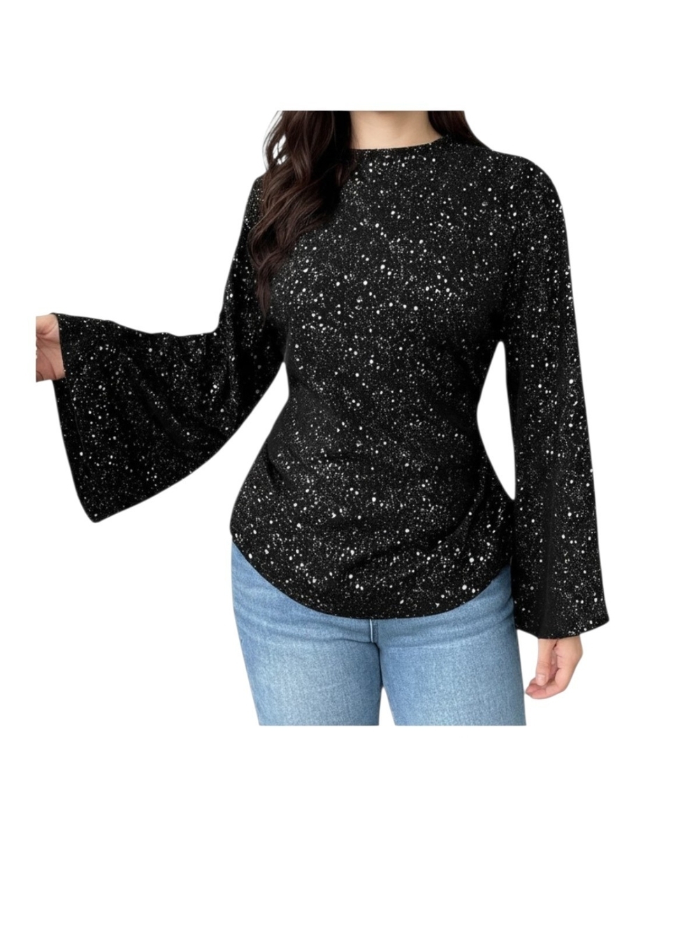 SHENHE - 3X Women's Black With White Splash Bell-Sleeve Top